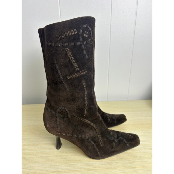 Y2K PARADE Boots Brown Suede Embroidered Detail Mid Calf Heeled Size 8 boho - Picture 2 of 13